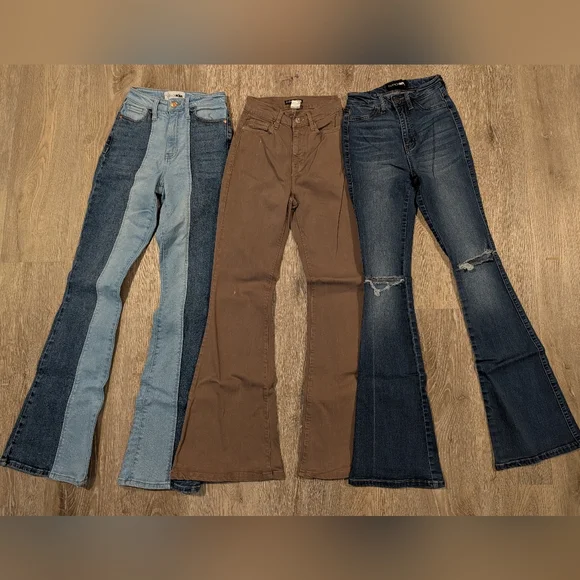 Fashion Nova Flare Bell Bottom Jeans- Two Tone, Dark Blue, Brown Size 0 Stretch - Picture 2 of 6